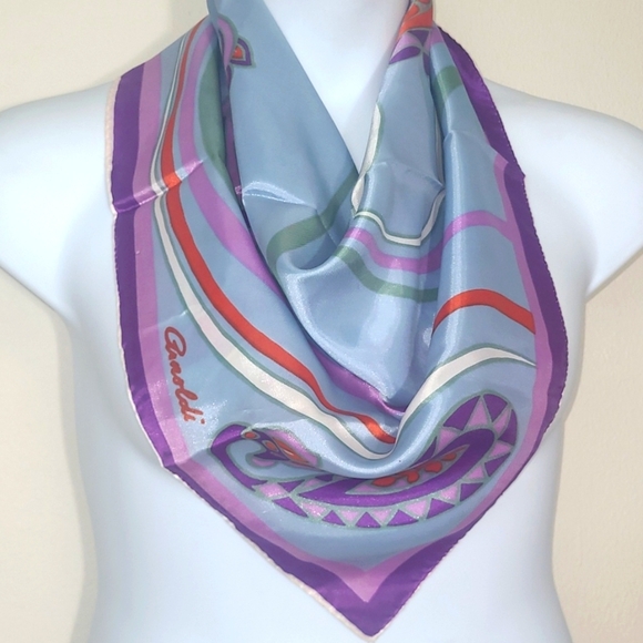 Arnoldi 26" square scarf Paisley Floral Striped Designer Print Signed Sky Blue - Picture 3 of 4